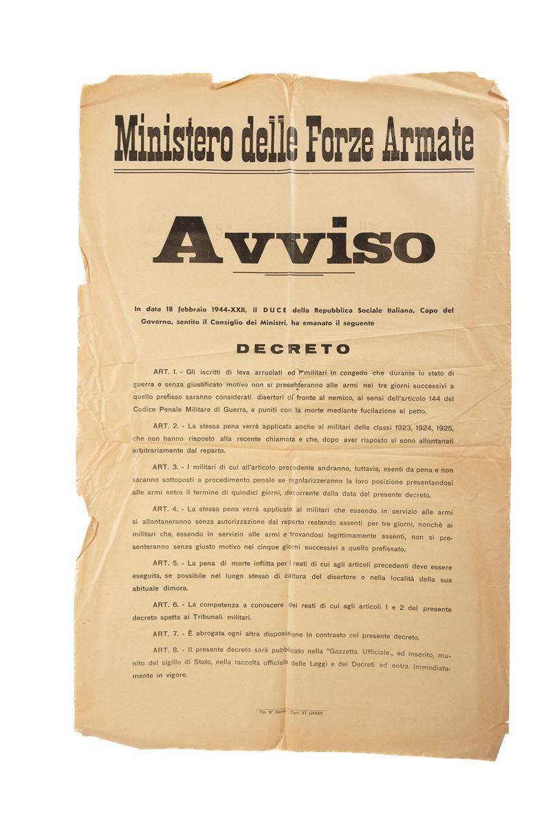 Manifesto Recante Avviso del Ministero delle Forze Armate della Repubblica Sociale Italiana