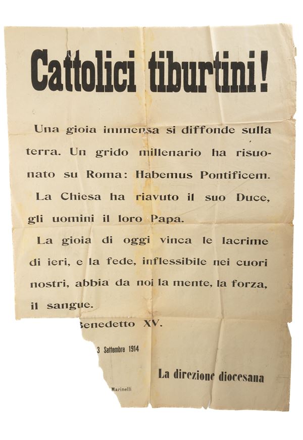 Manifesto della Direzione Diocesana di Tivoli annunziante lʹelezione al soglio pontiﬁcio del cardinale Giacomo della Chiesa  - Auction Sessione Pomeriggio: Asta Charta - Libri dal XV al XIX secolo, Manoscritti e Autografi - Gliubich Casa d'Aste