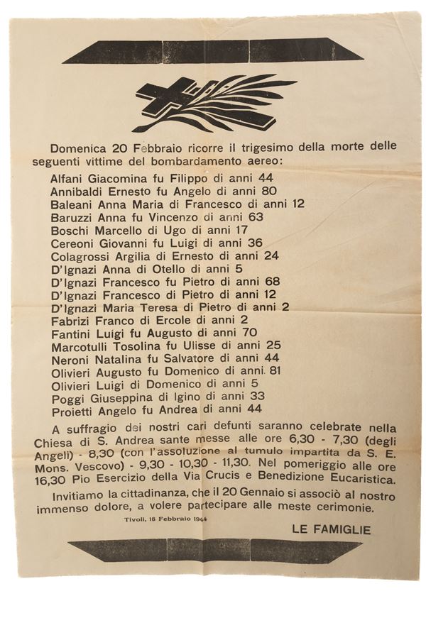 Manifesto listato a lutto datato Tivoli 18 febbraio 1944