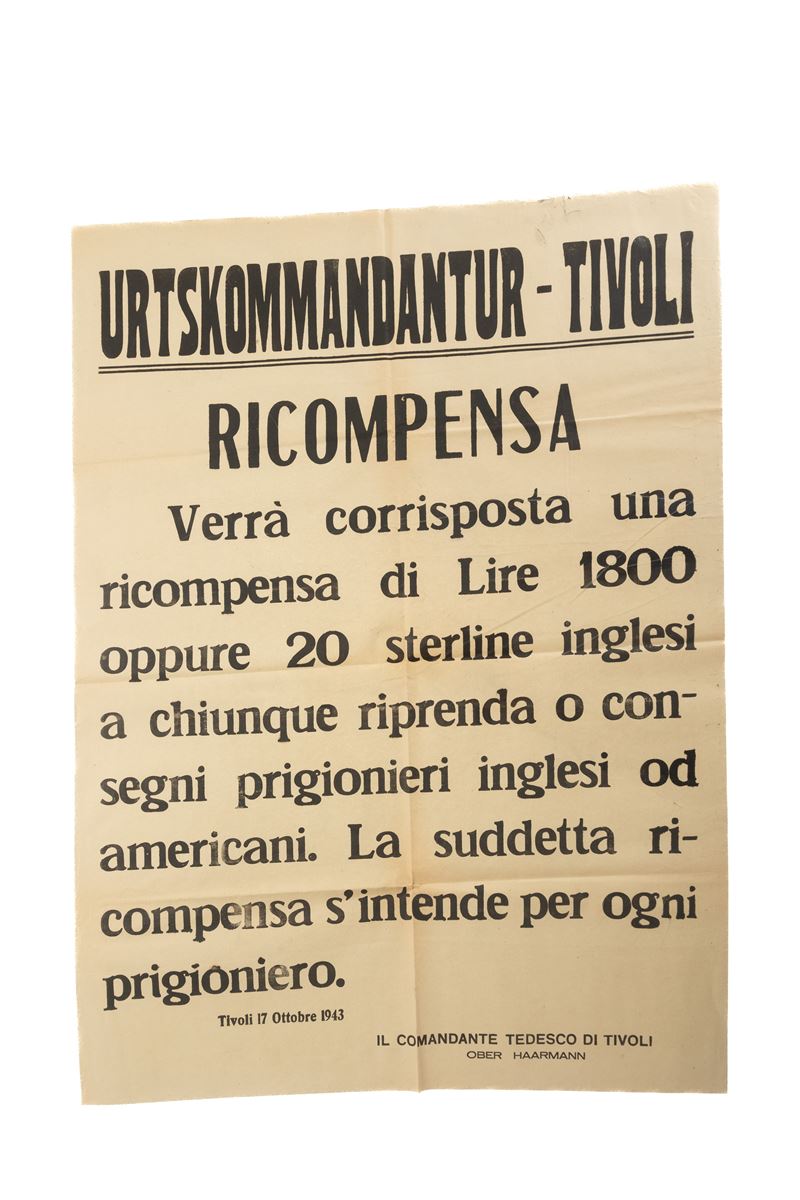 Manifesto dellʹ Urtskommandatur di Tivoli, a ﬁrma del Comandante tedesco di Tivoli Ober Haarmann