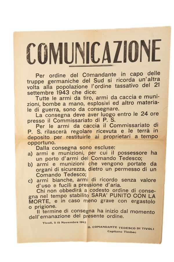 Manifesto del comandante tedesco di Tivoli Capitano Timbec