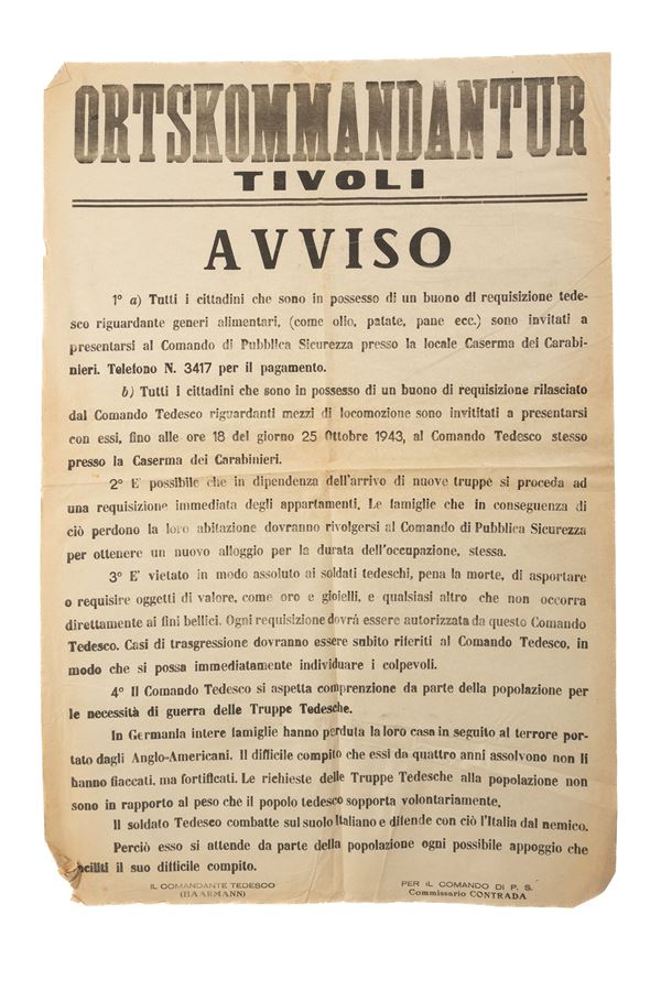 Manifesto recante avviso dellʹOrtskummandatur di Tivoli Haarmann