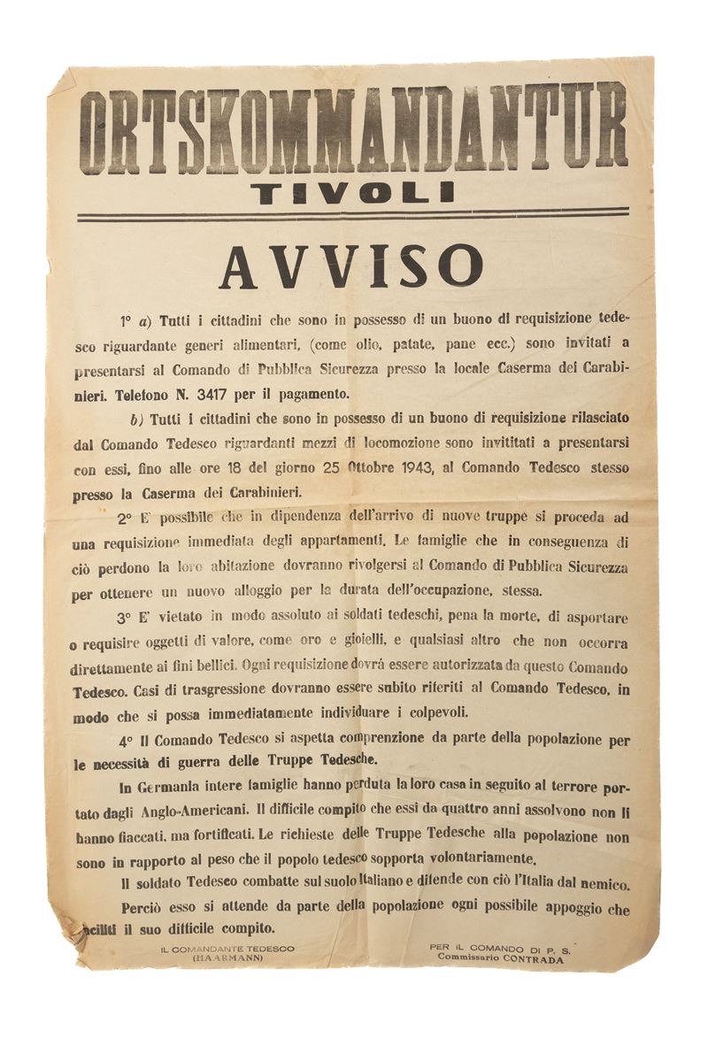 Manifesto recante avviso dellʹOrtskummandatur di Tivoli Haarmann