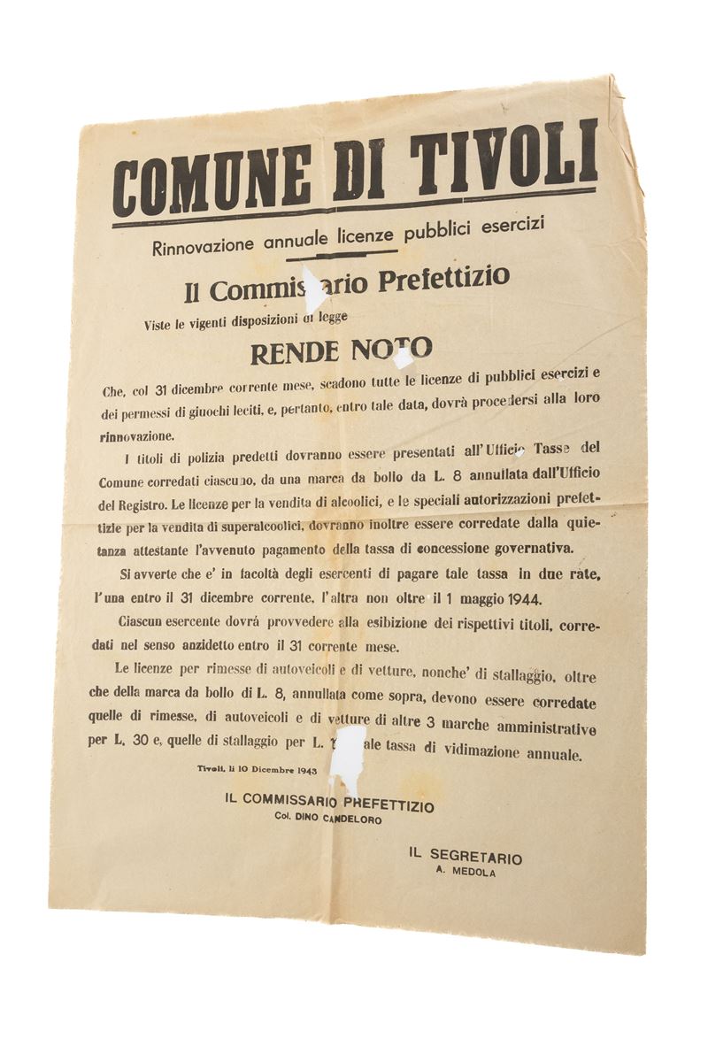 Manifesto del Commissario Prefettizio di Tivoli sulle rinnovazioni delle licenze annuali dei pubb...