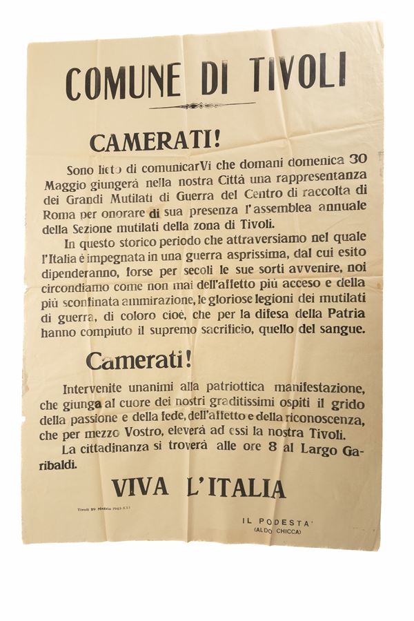 Manifesto del Podestà del Comune di Tivoli Aldo Chicca