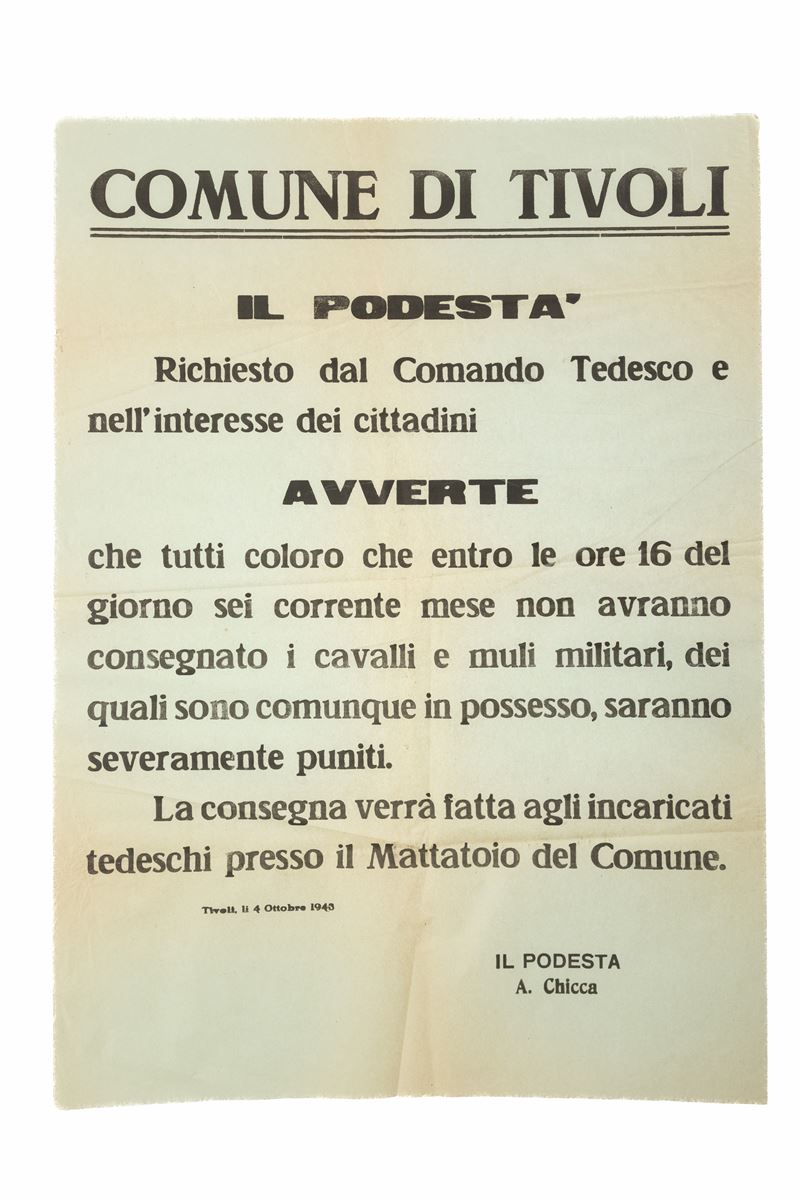 Manifesto con il quale si avverte della consegna coattiva di cavalli e muli militari a ﬁrma del P...