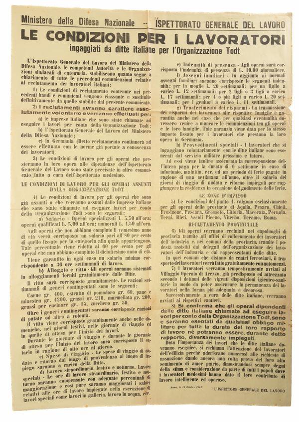 Manifesto del Ministero della Difesa Nazionale- Ispettorato Generale del Lavoro recante le condizioni di lavoro