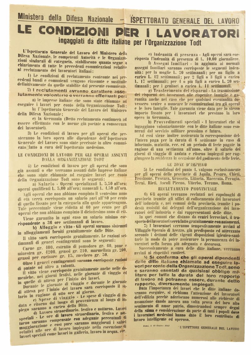 Manifesto del Ministero della Difesa Nazionale- Ispettorato Generale del Lavoro recante le condiz...