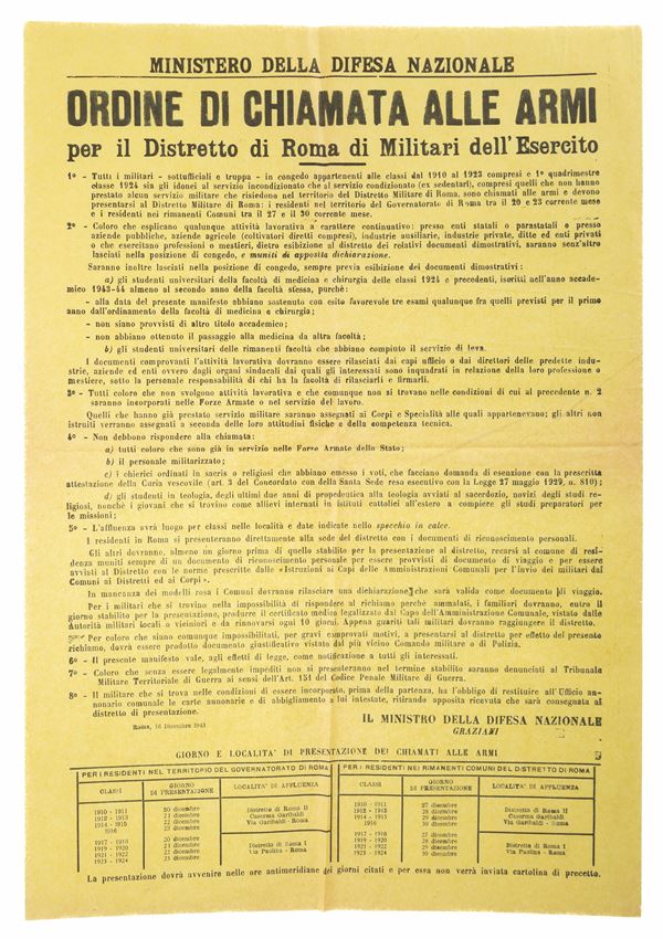 Manifesto ʺOrdine di chiamata alle armiʺ ﬁrmato dal Ministro Graziani per il Distretto di Roma del Ministero della Difesa Nazionale. Descrizione: manifesto formato 64x44 cm., in buone condizioni, pieghe.Manifesto ʺOrdine di chiamata alle armi