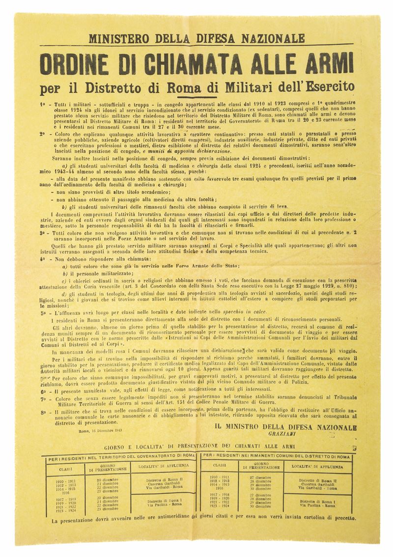 Manifesto ʺOrdine di chiamata alle armiʺ ﬁrmato dal Ministro Graziani per il Distretto di Roma de...