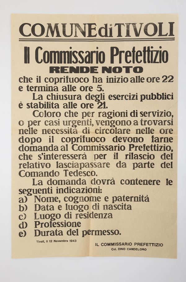 Manifesto del Commissario Prefettizio di Tivoli Dino Candeloro