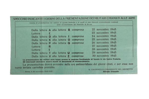 Manifesto indicante i giorni della presentazione dei militari chiamati alle armi a ﬁrma del Comandante del Distretto di Roma Alfredo Criscuolo