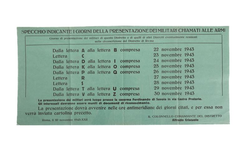 Manifesto indicante i giorni della presentazione dei militari chiamati alle armi a ﬁrma del Coman...