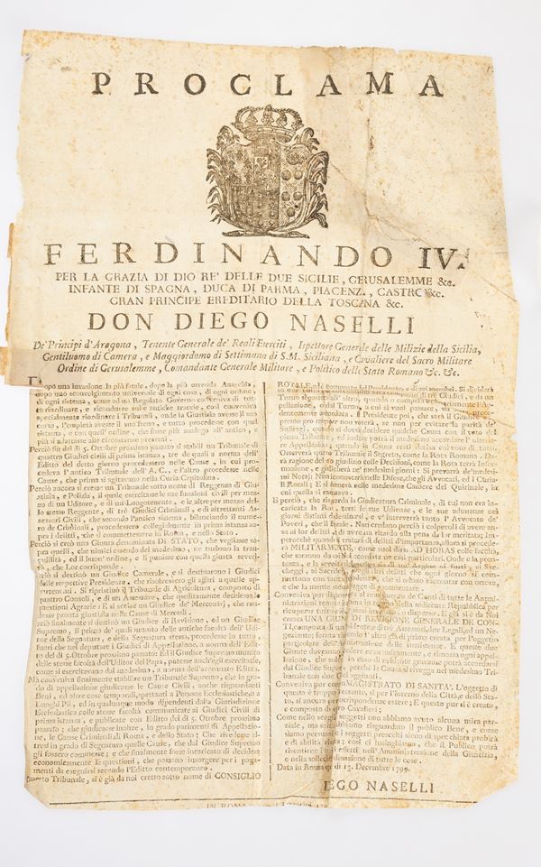 Ferdinando IV° di Borbone - Proclama sul riordinamento dei tribunali del Regno di Napoli.