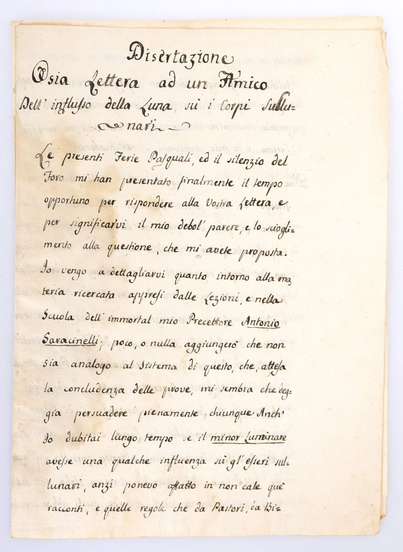 Dissertazione o Sia Lettera a un Amico Dellʹinﬂusso della Luna sui Corpi Sublunari