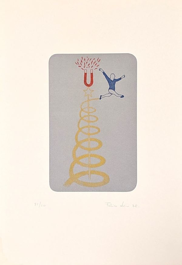 Felice Levini : Salto magnetico  - litografia a colori - Auction Asta a Tempo: Grafica di Arte Contemporanea - Gliubich Casa d'Aste