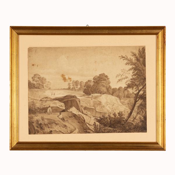 Grande disegno di Francesco Gabillot rappresentate paesaggio con personaggi