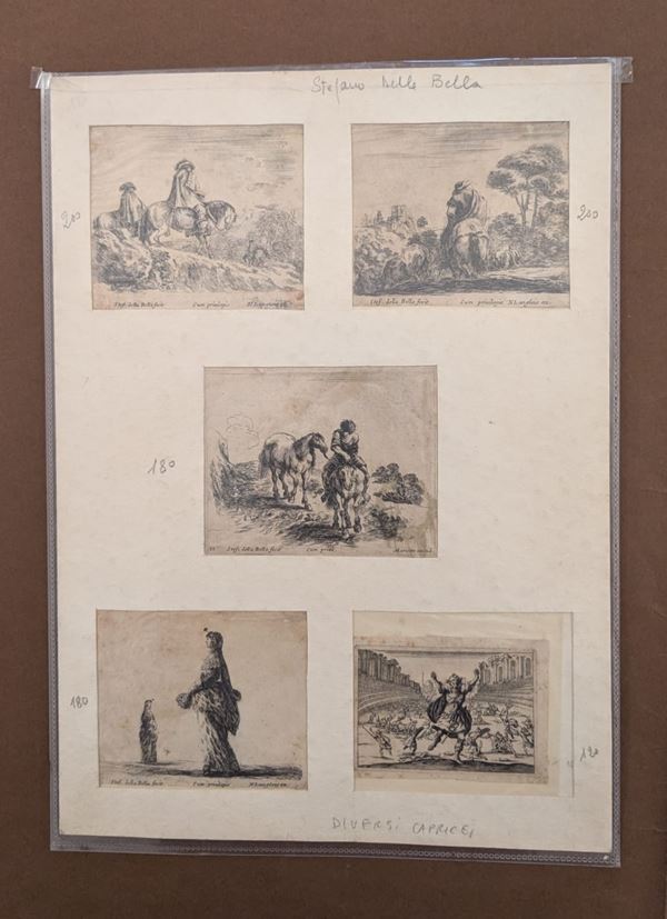 Folder con 4 incisioni di Stefano della Bella e una di Edouard Eckman da Jacques Callot