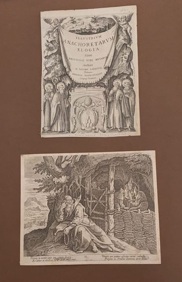 Lotto di 10 incisioni e frontespizio del volume Illustrium Anachoretarum Elogia siue religiosi viri musaeum di Iacobo Cavacio Monaco Benedettino edito nel 1612