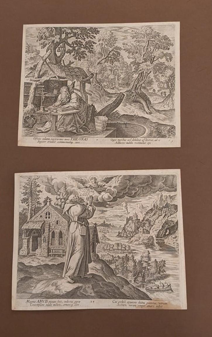 Lotto di 10 Incisioni e Frontespizio del Volume Illustrium Anachoretarum Elogia Siue Religiosi Vi...