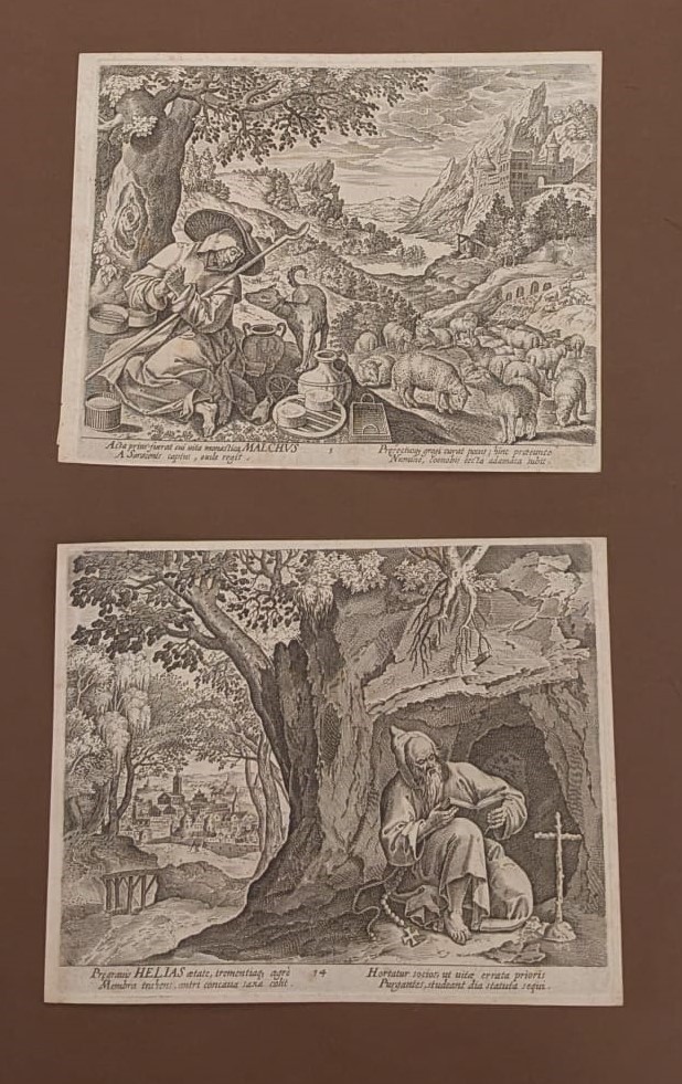 Lotto di 10 Incisioni e Frontespizio del Volume Illustrium Anachoretarum Elogia Siue Religiosi Vi...