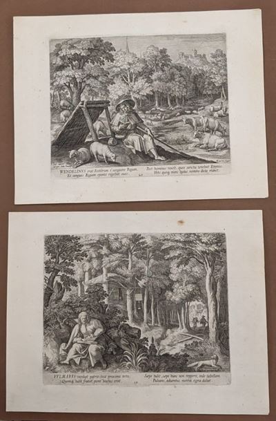 Lotto di 14 Incisioni di Anacoreti e un Frontespizio Incise da Raphael Sadeler da Disegni di Mart...