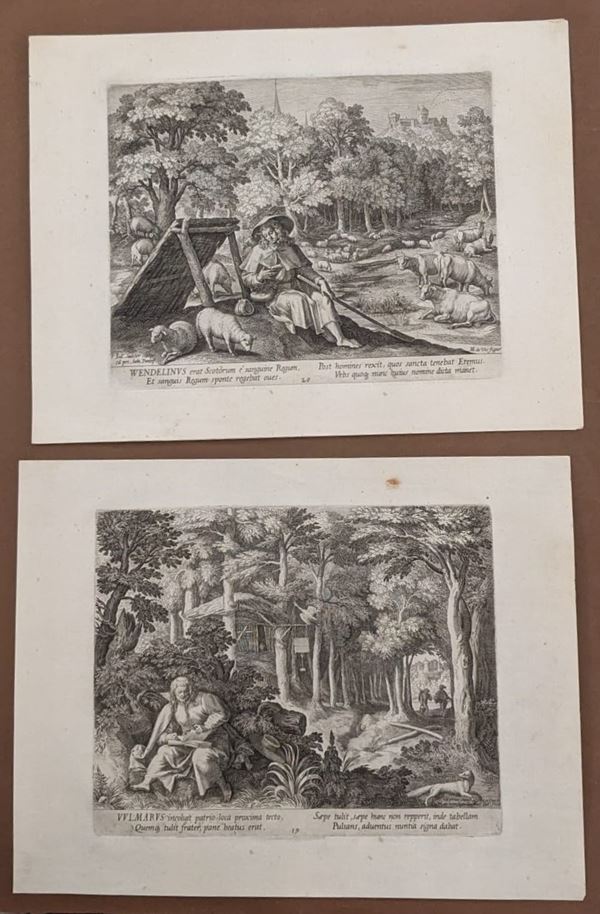 Lotto di 14 incisioni di anacoreti e un frontespizio incise da Raphael Sadeler da disegni di Martin de Vos