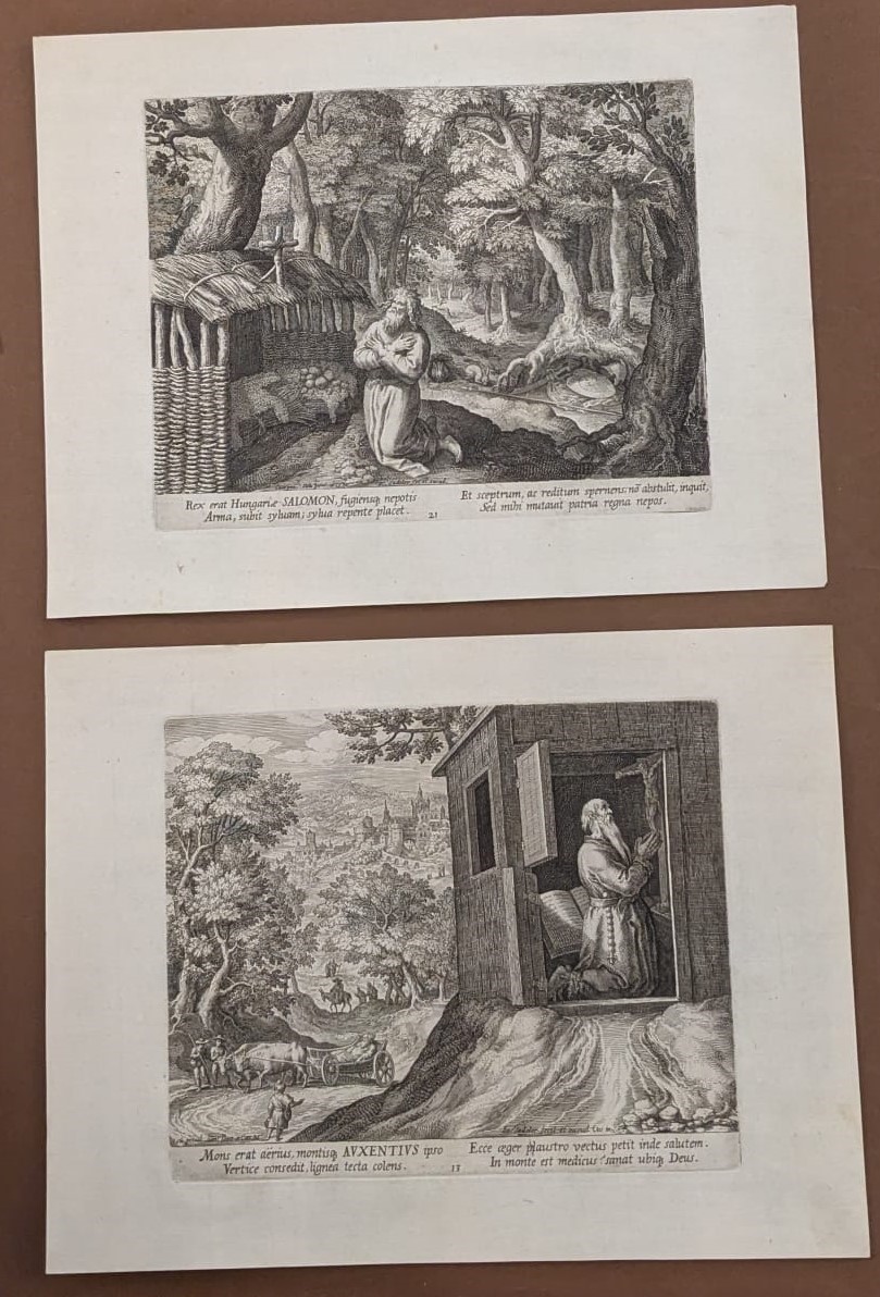 Lotto di 14 Incisioni di Anacoreti e un Frontespizio Incise da Raphael Sadeler da Disegni di Mart...
