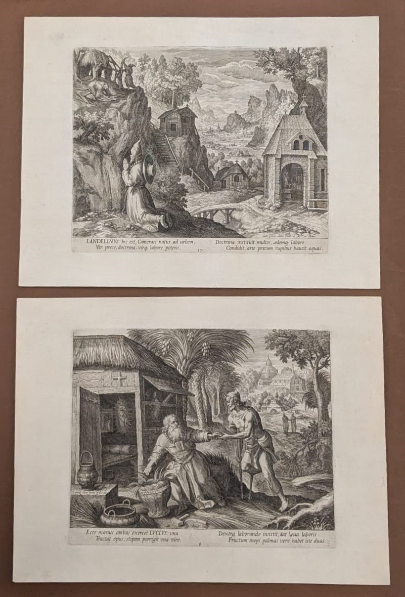 Lotto di 14 Incisioni di Anacoreti e un Frontespizio Incise da Raphael Sadeler da Disegni di Mart...