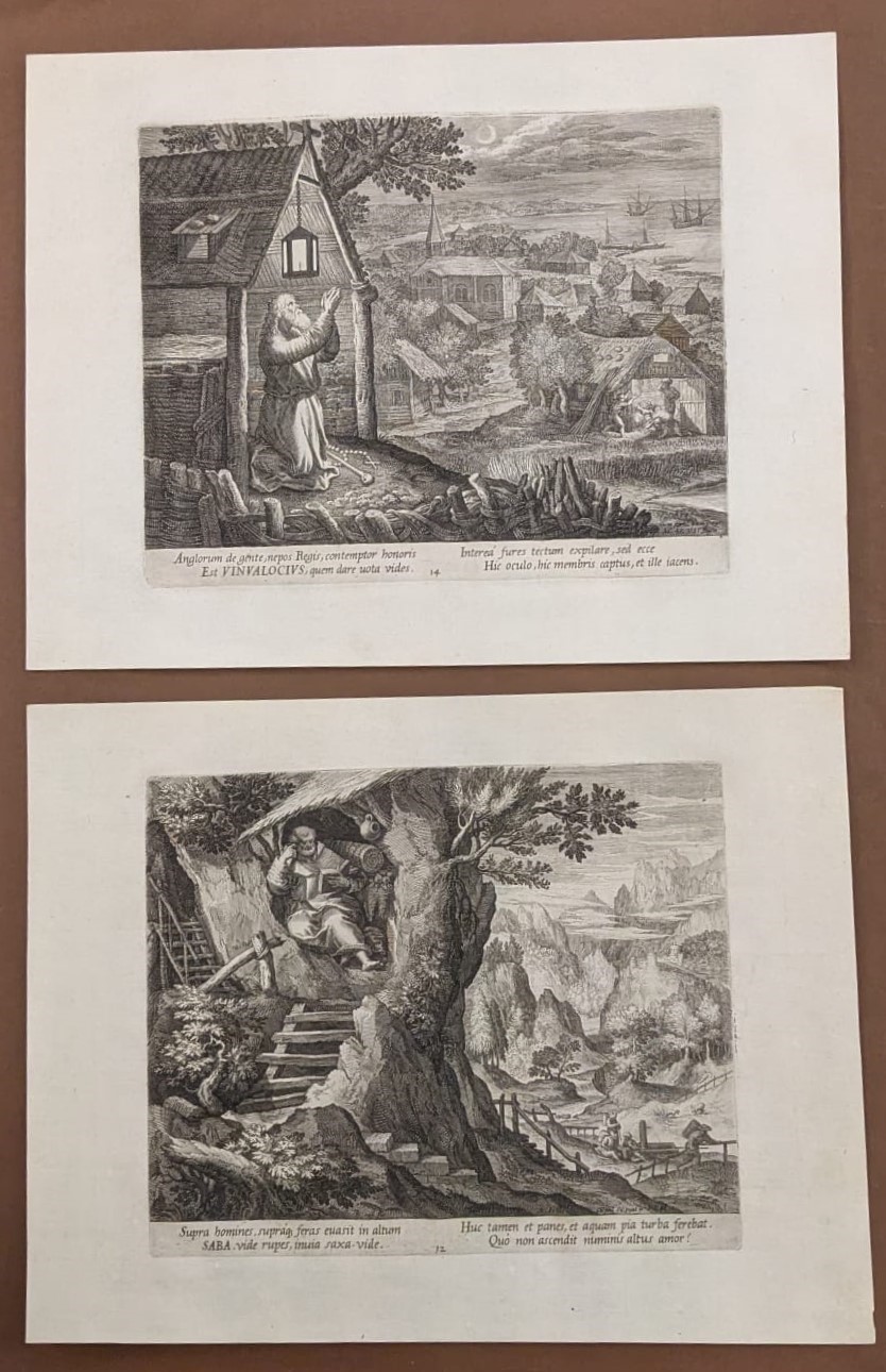 Lotto di 14 Incisioni di Anacoreti e un Frontespizio Incise da Raphael Sadeler da Disegni di Mart...