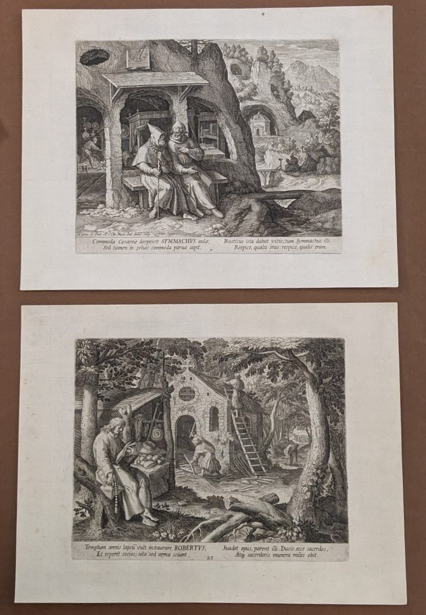 Lotto di 14 Incisioni di Anacoreti e un Frontespizio Incise da Raphael Sadeler da Disegni di Mart...