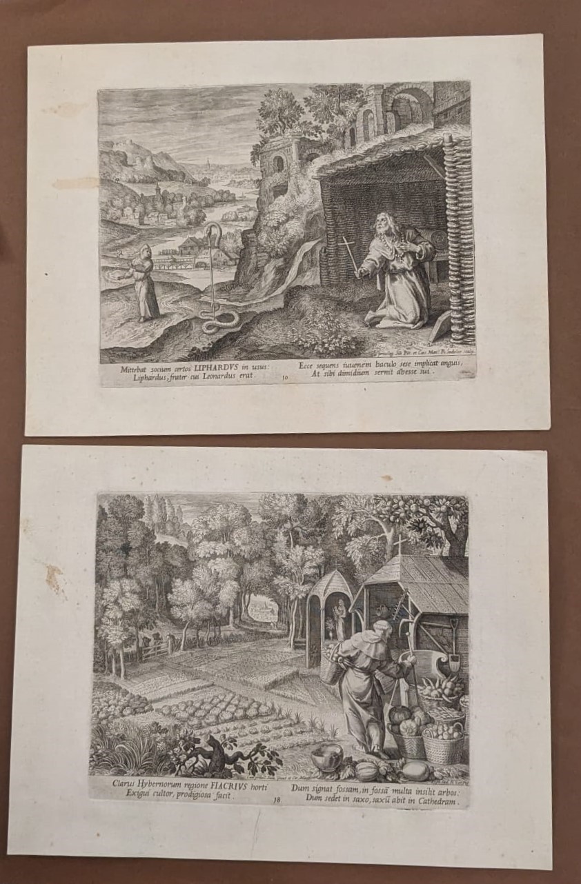 Lotto di 14 Incisioni di Anacoreti e un Frontespizio Incise da Raphael Sadeler da Disegni di Mart...