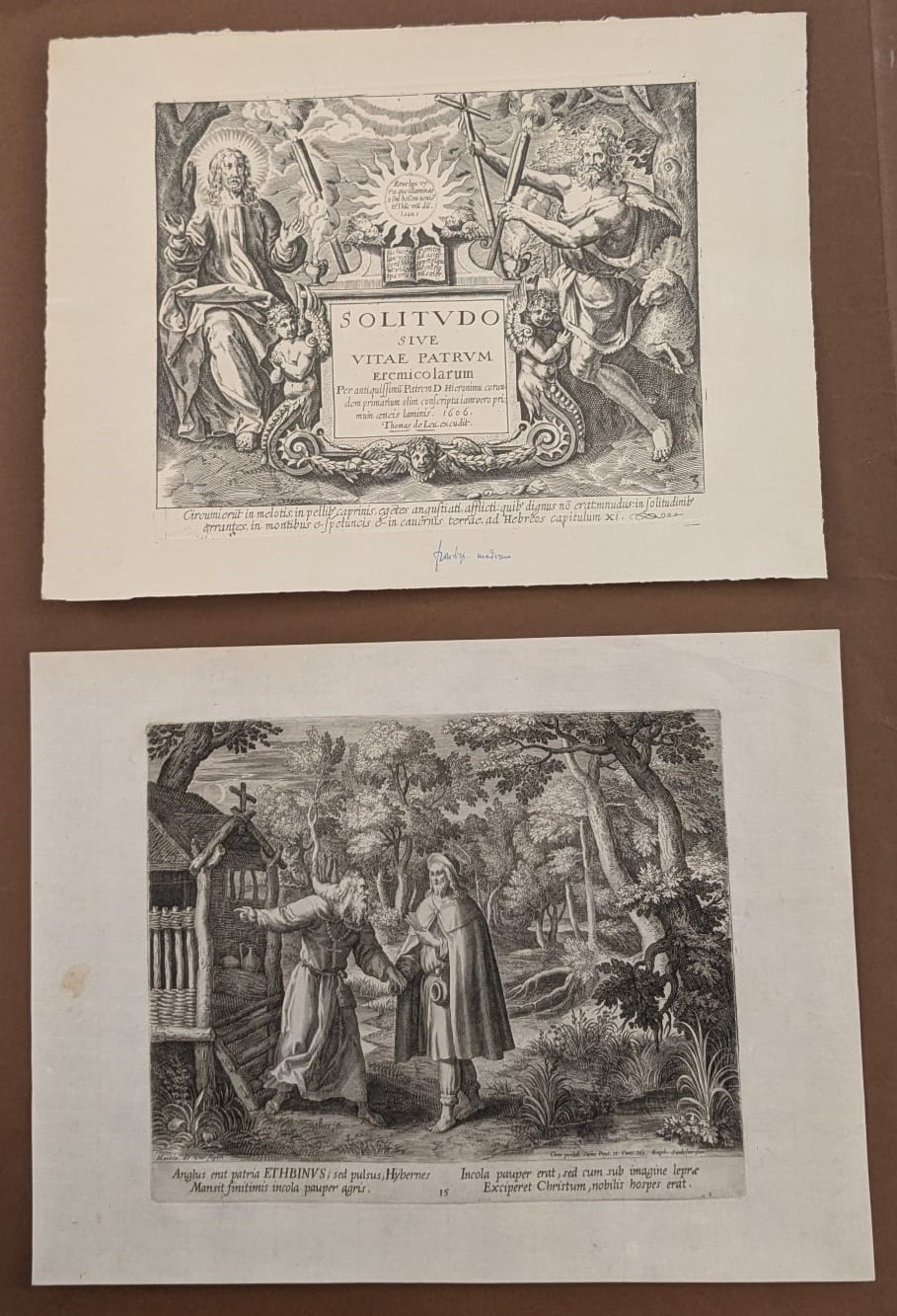 Lotto di 14 Incisioni di Anacoreti e un Frontespizio Incise da Raphael Sadeler da Disegni di Mart...