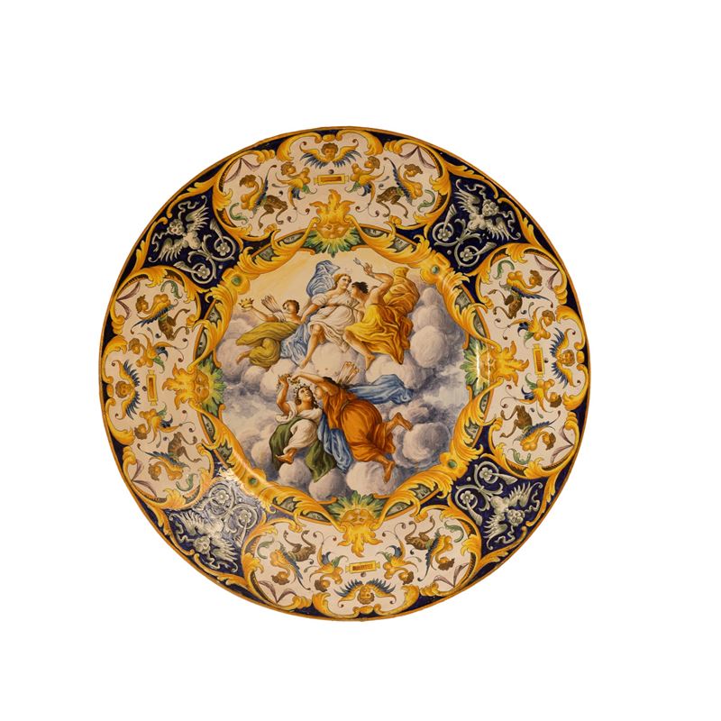 Manifattura Angelo Giustiniani, Seconda Metà del XIX Secolo - Grande Piatto in Ceramica Policroma...