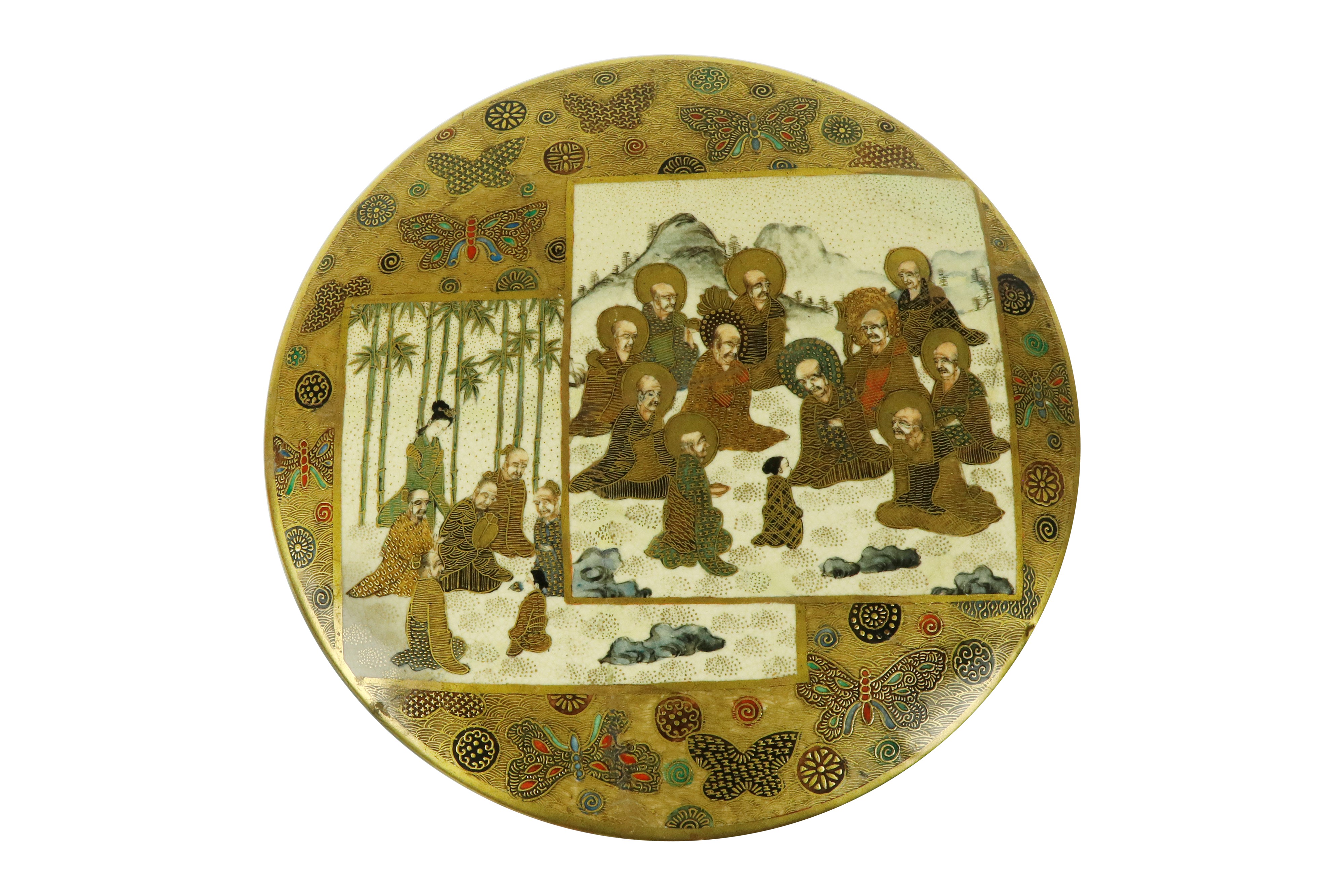 Contenitore in Porcellana Satzuma con Coperchio, Raffigurante Scene di Monaci. Giappone, Fine del...