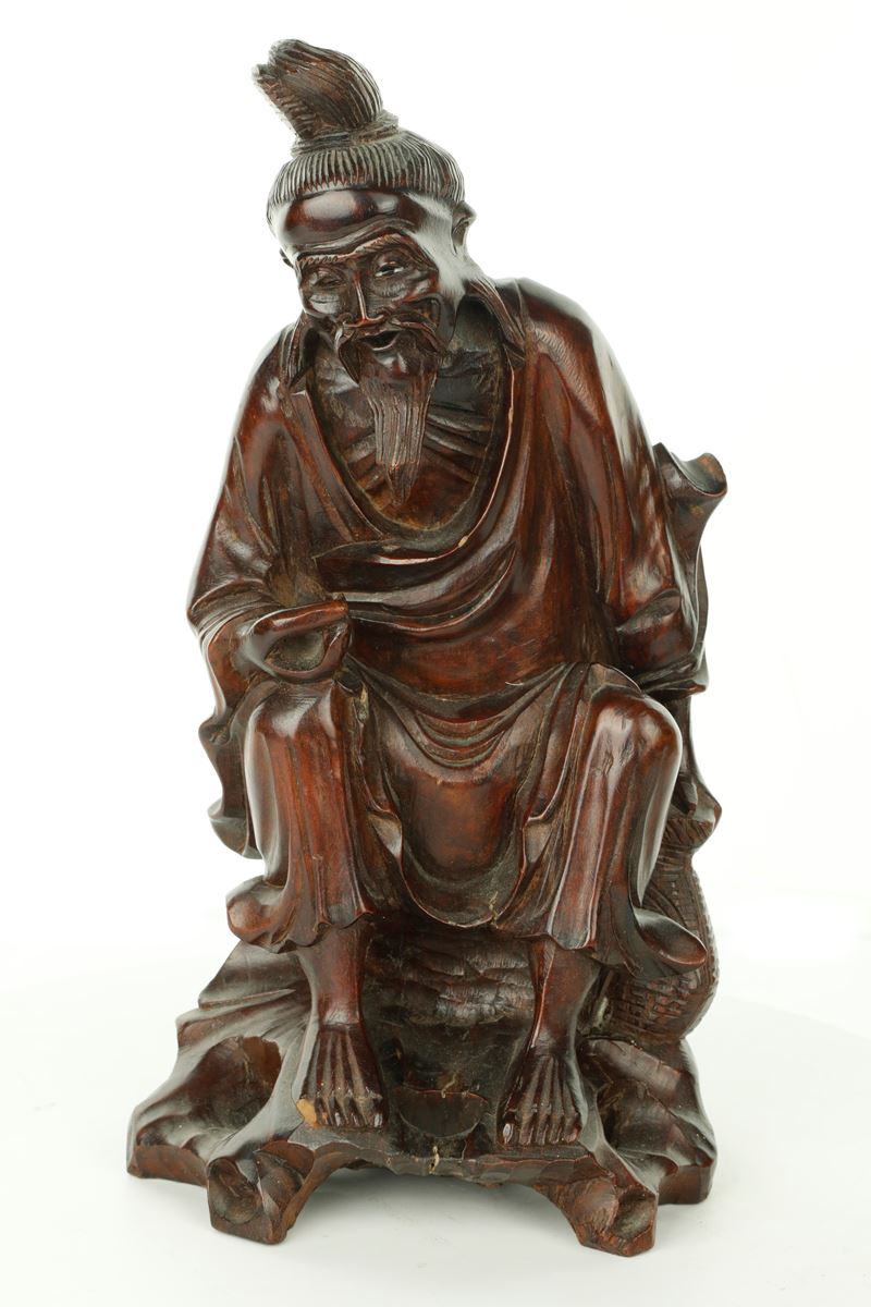 Scultura di Dignitario Orientale in Legno. Giappone, Anni Cinquanta del XX Secolo