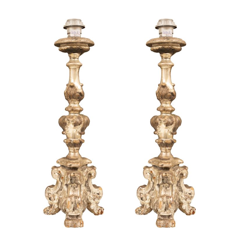 Coppia di Candelieri in Legno Argentato Luigi XIV