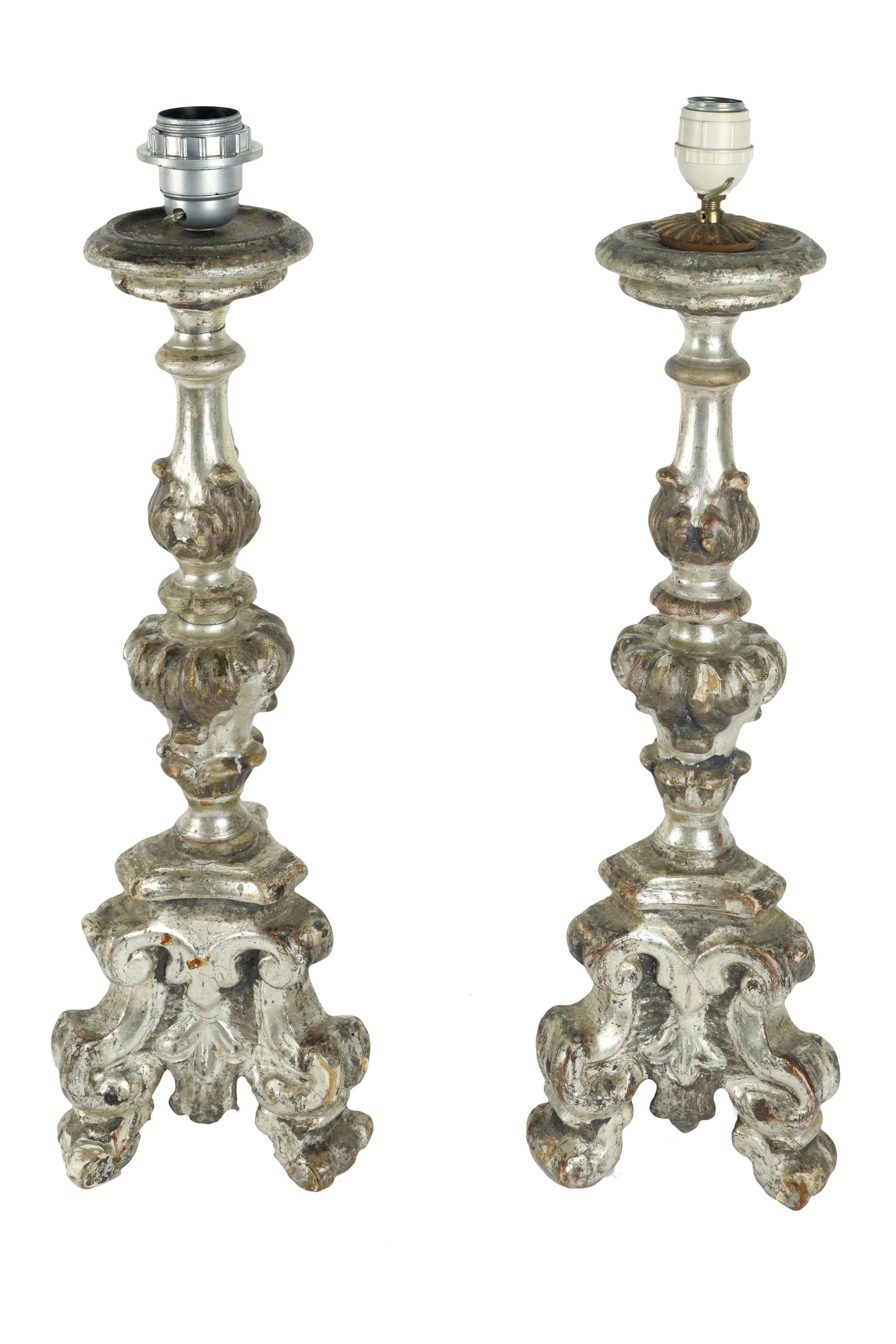 Coppia di Candelieri in Legno Argentato Luigi XIV