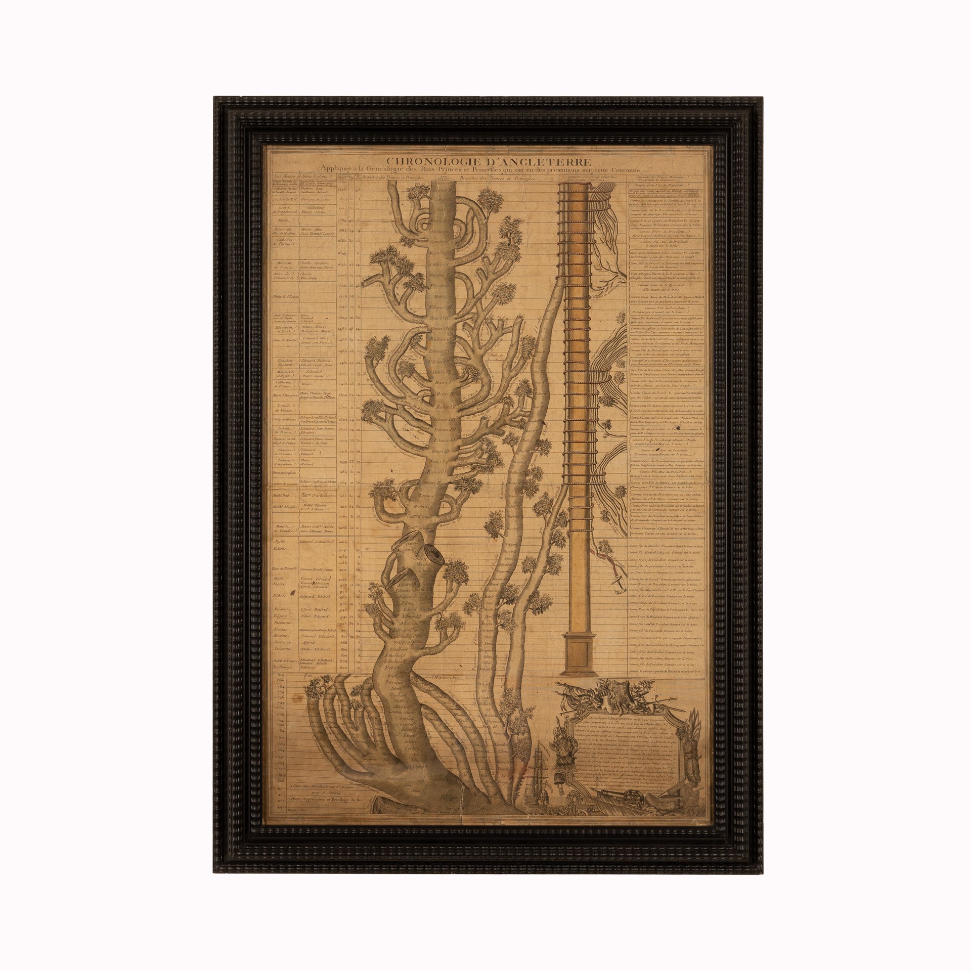 Lotto di due mappe con tabella genealogica sotto forma di albero dei monarchi d'Inghilterra e di ...