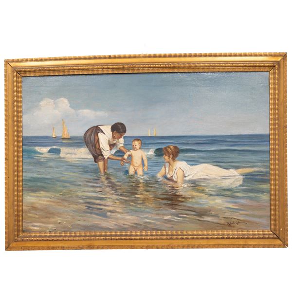 Raffaello Celommi - Donna Annunziata Cermignani in Michetti con il figlio Giorgio e la tata sulla battigia Francavilla al Mare