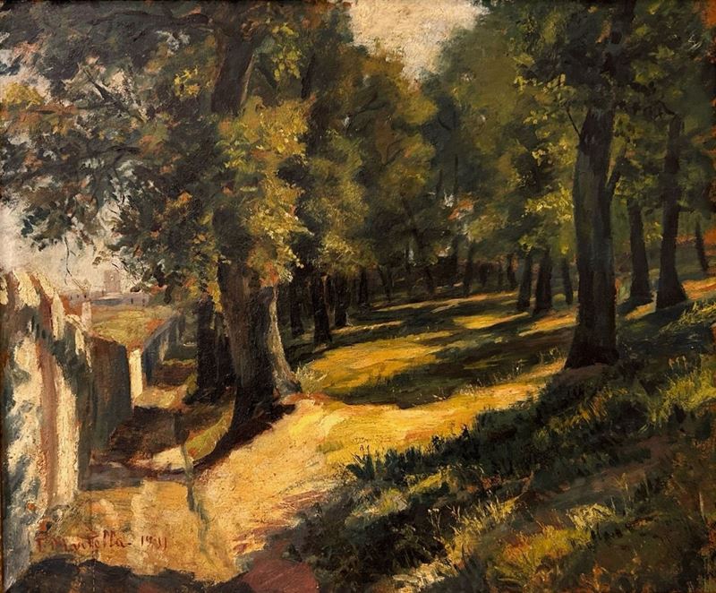 Luigi Martella - Al limitar del bosco, olio su cartone, cm 36,5x44