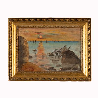Tramonto sul trabocco, olio su tela riportata su cartone