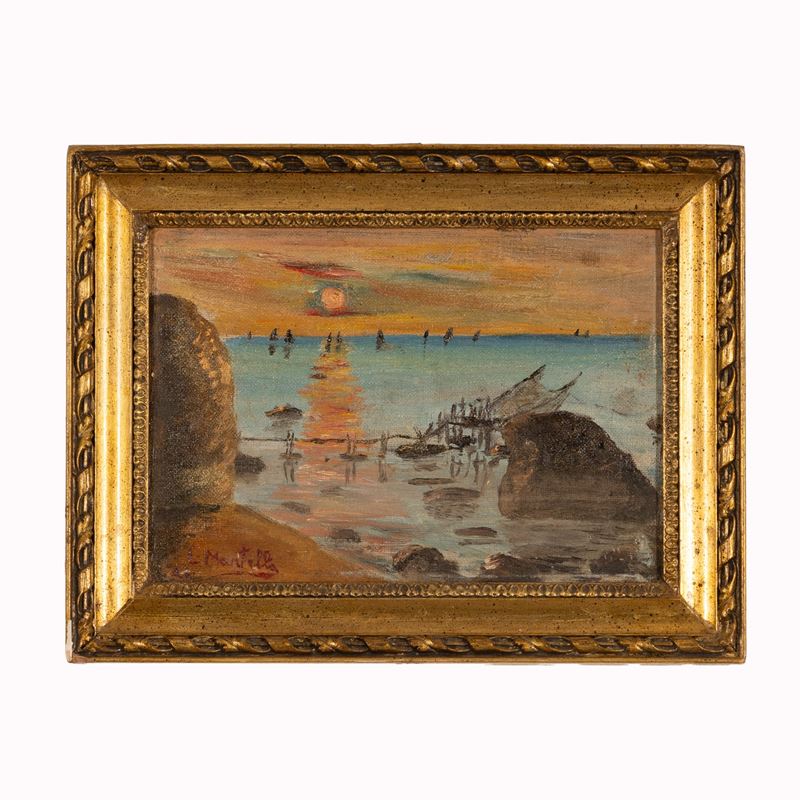 Luigi Martella - Tramonto sul trabocco, olio su tela riportata su cartone