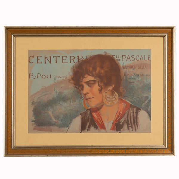 Basilio Cascella - Centerbe F.lli Pascale. ritratto a mezzo busto di donna con grandi orecchini