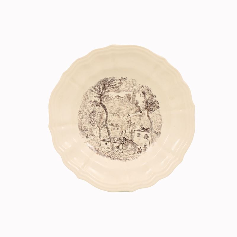 Piatto in terraglia bianca smaltata con paesaggio di Rapino (CH)