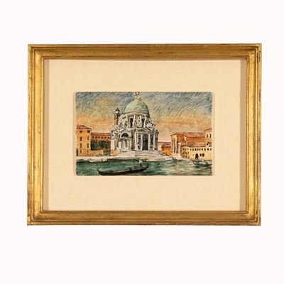 Panorama di Venezia dal mare con la Basilica di Santa Maria della Salute, maiolica