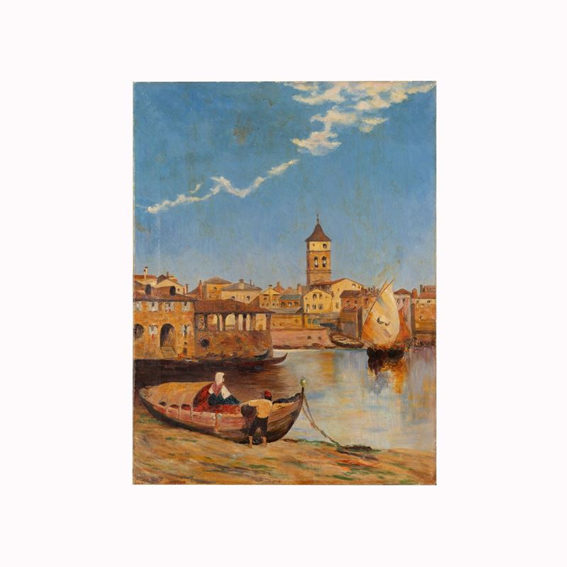 Pittore Veneto -Veduta di marina con barche e pescatori