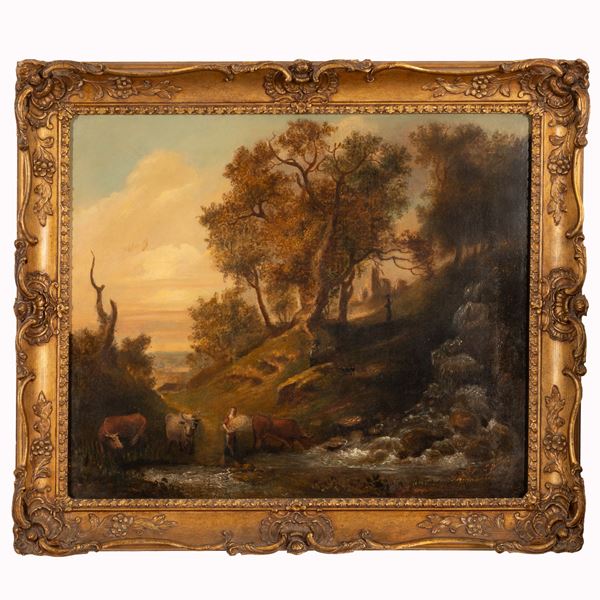 Thomas  Barker  Barker of Bath - Contadina con fascio di spighe e tre mucche sul greto di un fiume al limitar di un bosco.