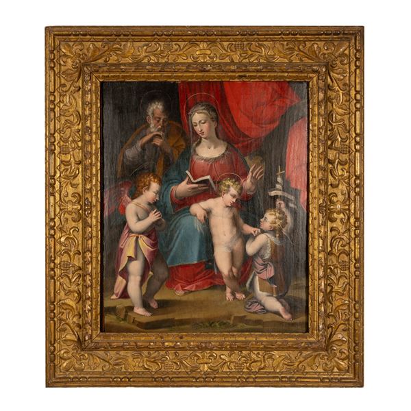 Pittore bolognese del XVI secolo - Pittore bolognese del XVI sec. "Sacra Famiglia con San Giovannini e angelo" 