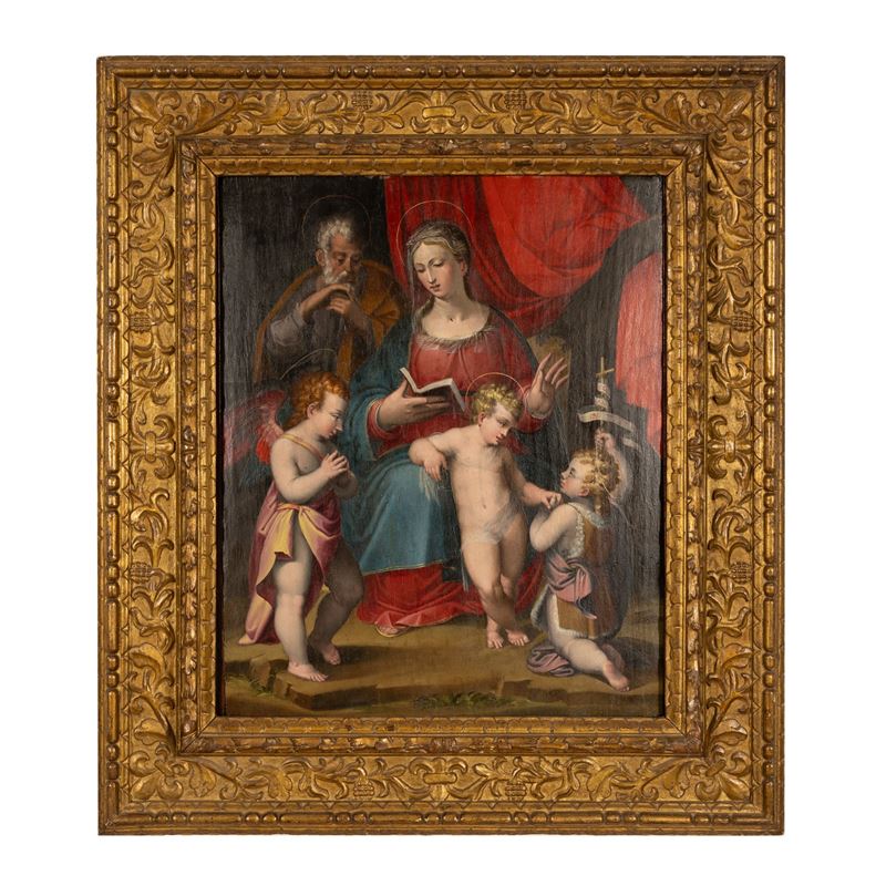 Pittore bolognese del XVI sec. "Sacra Famiglia con San Giovannini e angelo"